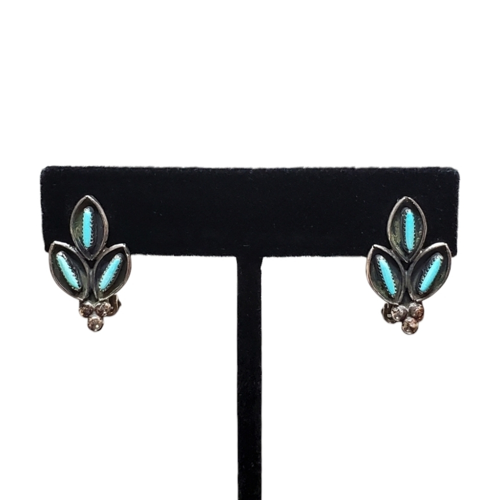 Zuni Native American Turquoise Needlepoint 925 Sterling Silver Clip-On Earrings